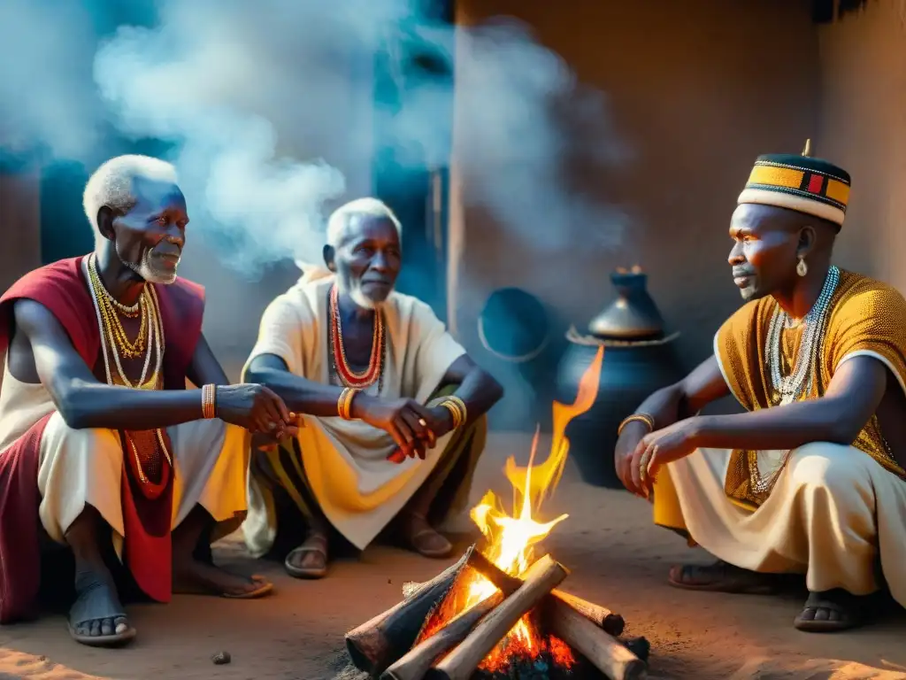 Elders africanos cuentan historias alrededor del fuego en la aldea, resaltando la importancia de los cuentos populares rituales africanos