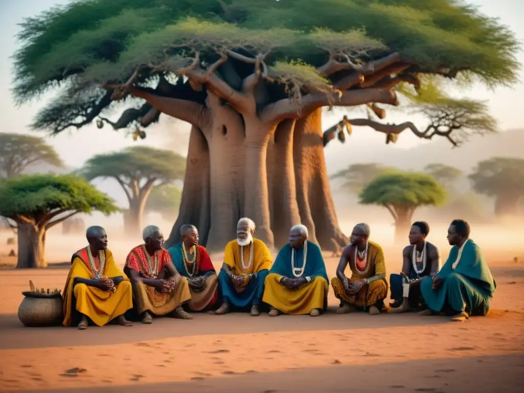 Elders africanos en ritual espiritual bajo baobab al atardecer