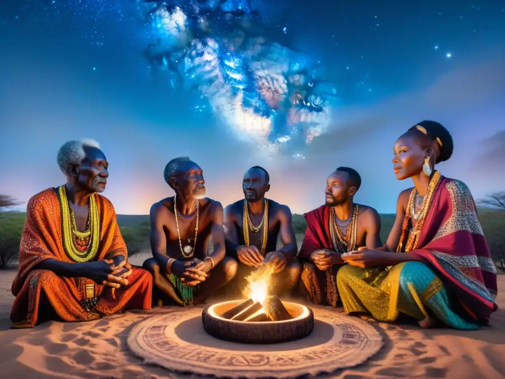 Elders africanos realizan ritual bajo estrellado cielo, envueltos en mística atmósfera de cosmología africana rituales visión mundo