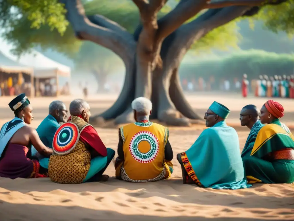 Elders africanos realizando un ritual sagrado bajo un árbol, conectados a sus tradiciones ancestrales