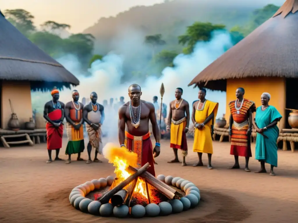 Elders africanos danzan en ritual sagrado alrededor de fogata en aldea tradicional de África Central, enmarcados por vegetación exuberante