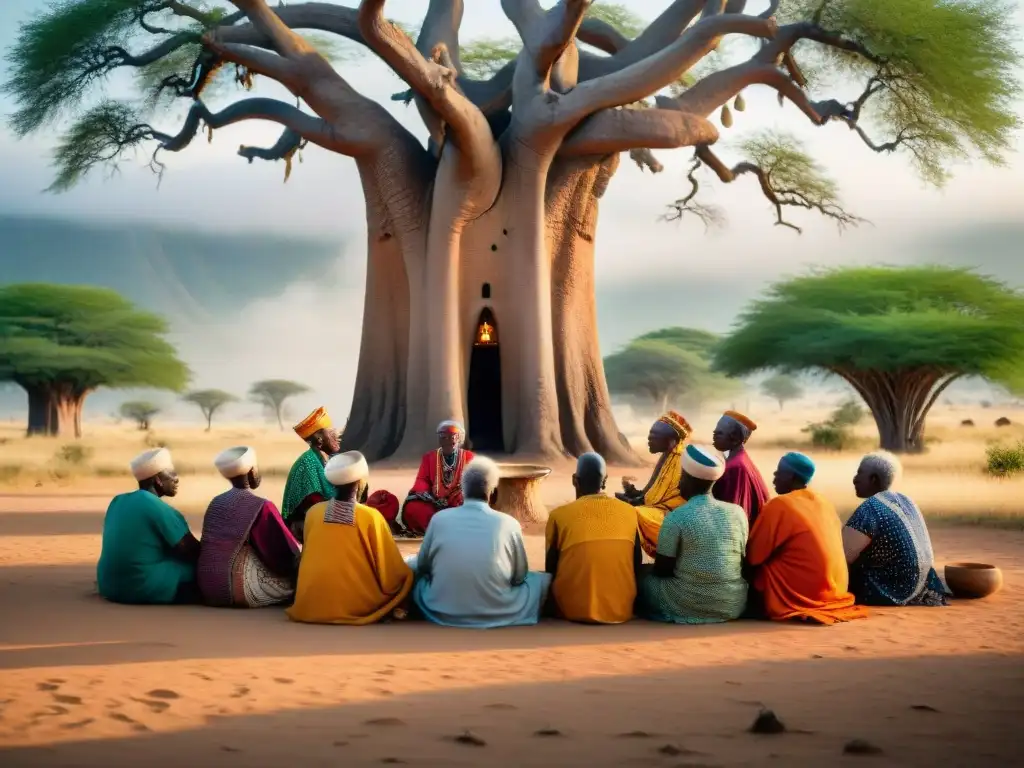 Elders africanos participando en rituales de silencio bajo un baobab en África