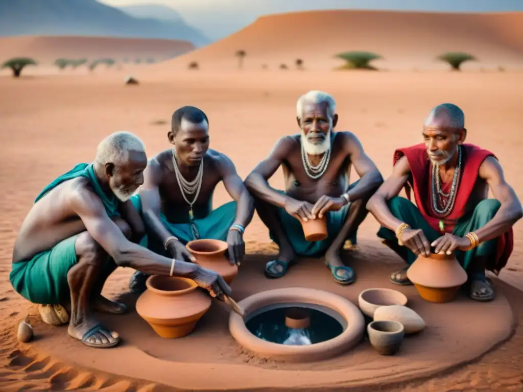 Elders africanos construyendo sistema de agua con técnicas ancestrales gestión agua África