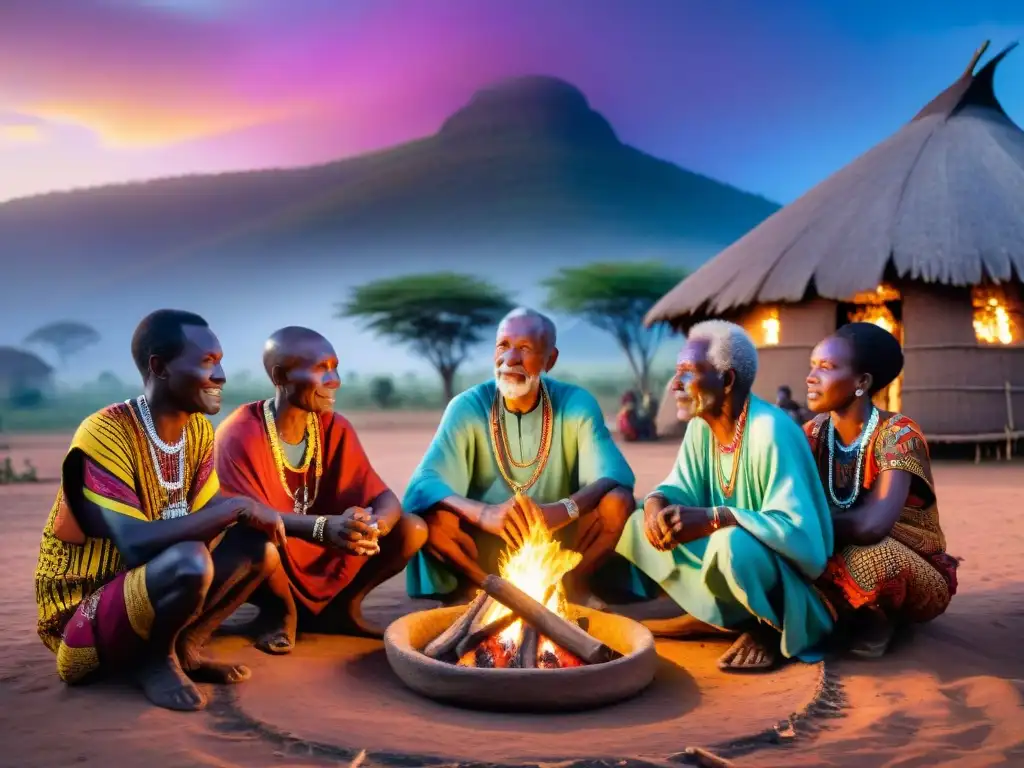 Elders escuchando cuentos y mitos africanos alrededor del fuego en una aldea tradicional