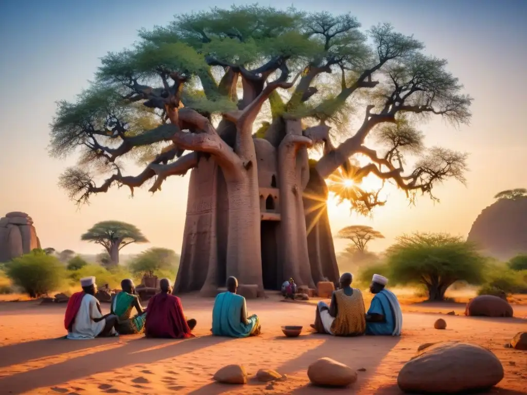 Elders Dogones debatiendo bajo baobab antiguo, rodeados de herramientas y artefactos tradicionales