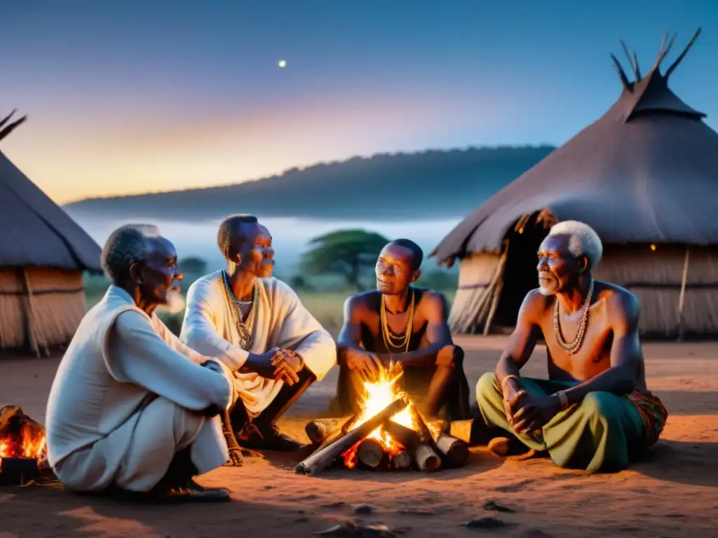 Elders disfrutan historias alrededor de fogata en aldea africana