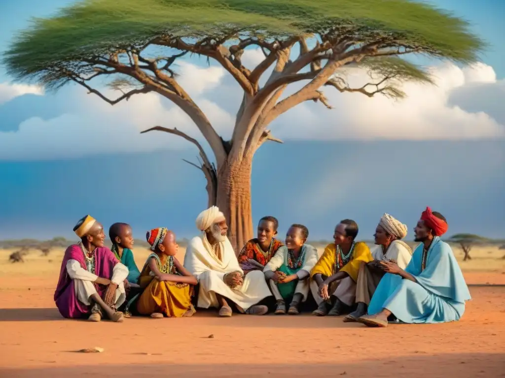 Elders y niños comparten historias bajo árbol en el Cuerno de África, preservando tradición oral