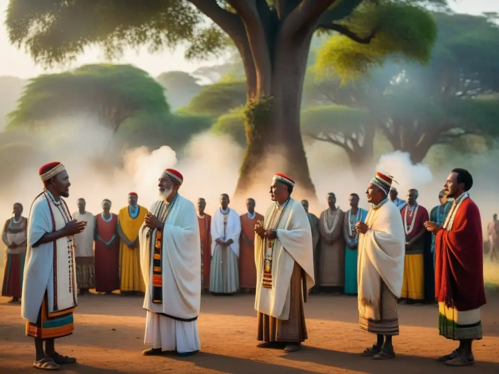 Elders de la tribu Oromo realizan un ritual al amanecer bajo un árbol, invocando deidades ancestrales en el Cuerno