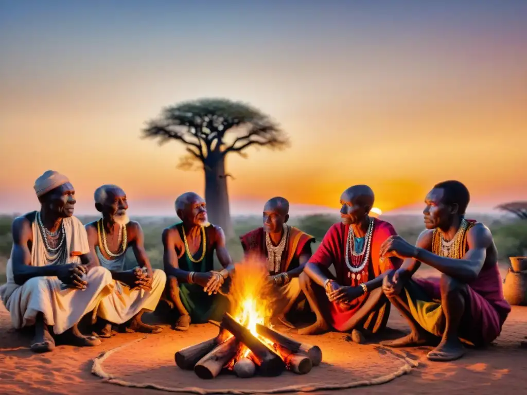 Elders del Dogon en ritual espiritual con baobab al atardecer en Mali