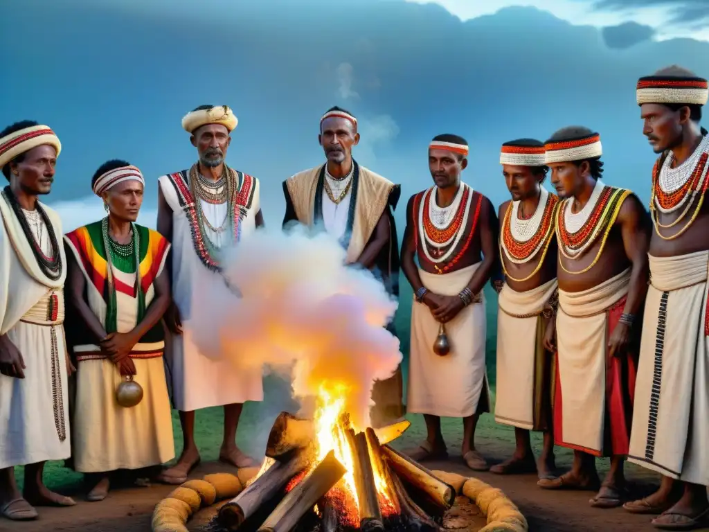 Elders de la tribu Oromo en Etiopía realizando rituales ancestrales bajo el cielo estrellado