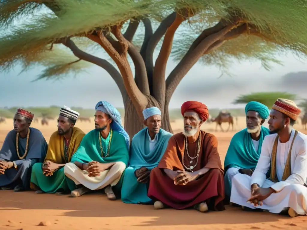 Elders somalíes en reunión bajo acacia, rodeados de telas vibrantes