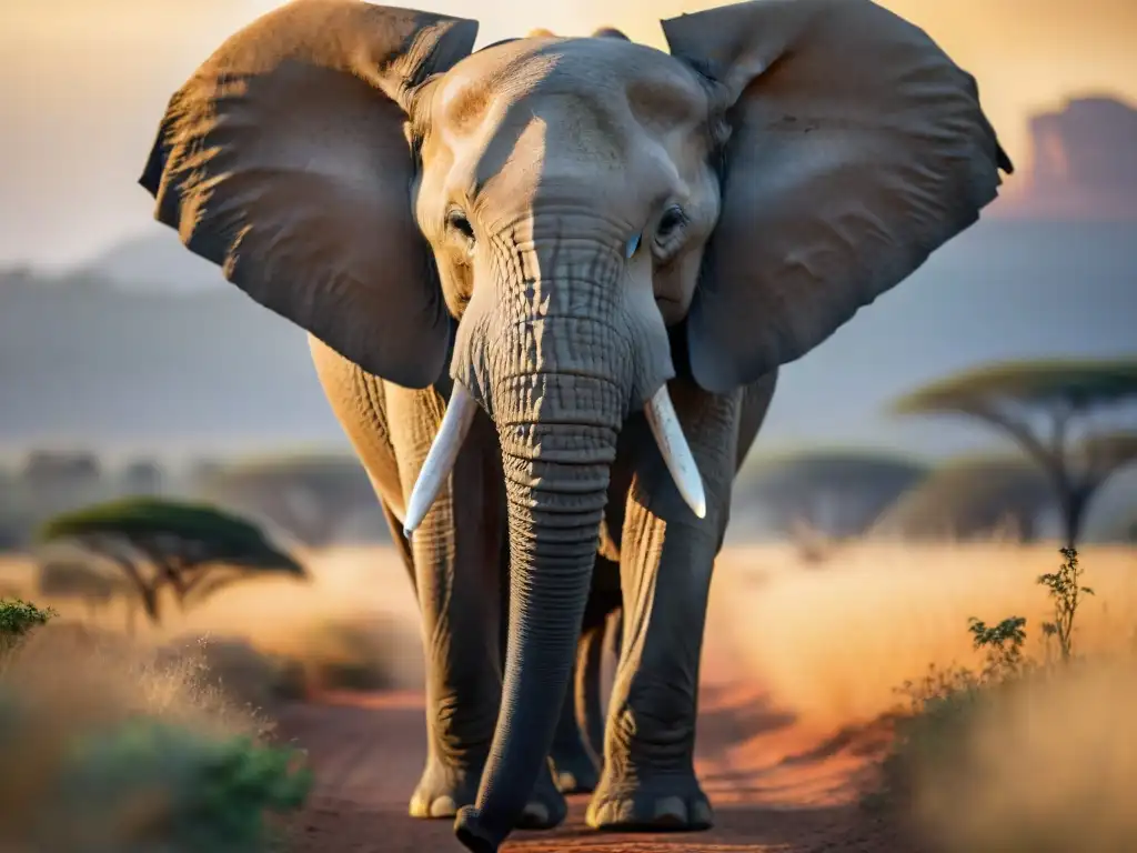 Un elefante africano majestuoso en la sabana al atardecer, resaltando la importancia de la flora y fauna en África