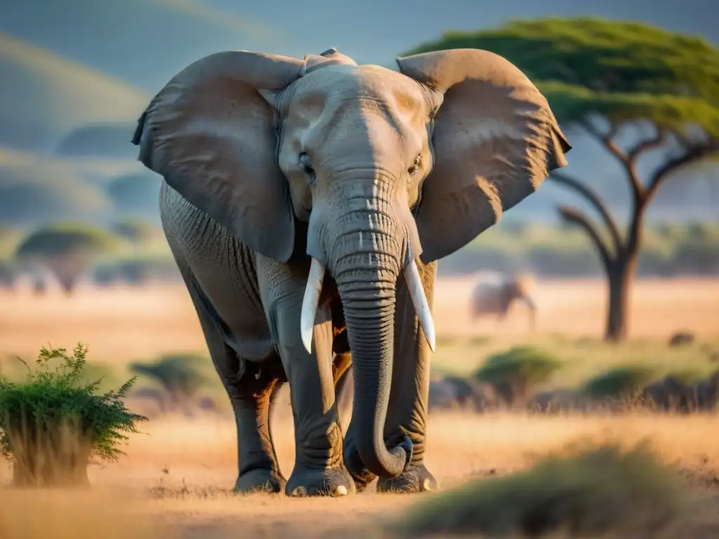 Un elefante africano majestuoso pastando en la sabana al atardecer