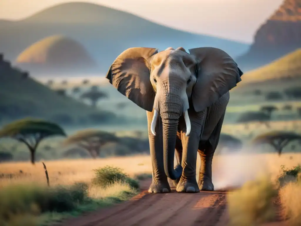 Un elefante majestuoso en el Valle del Rift África, bajo la cálida luz del atardecer entre árboles de acacia