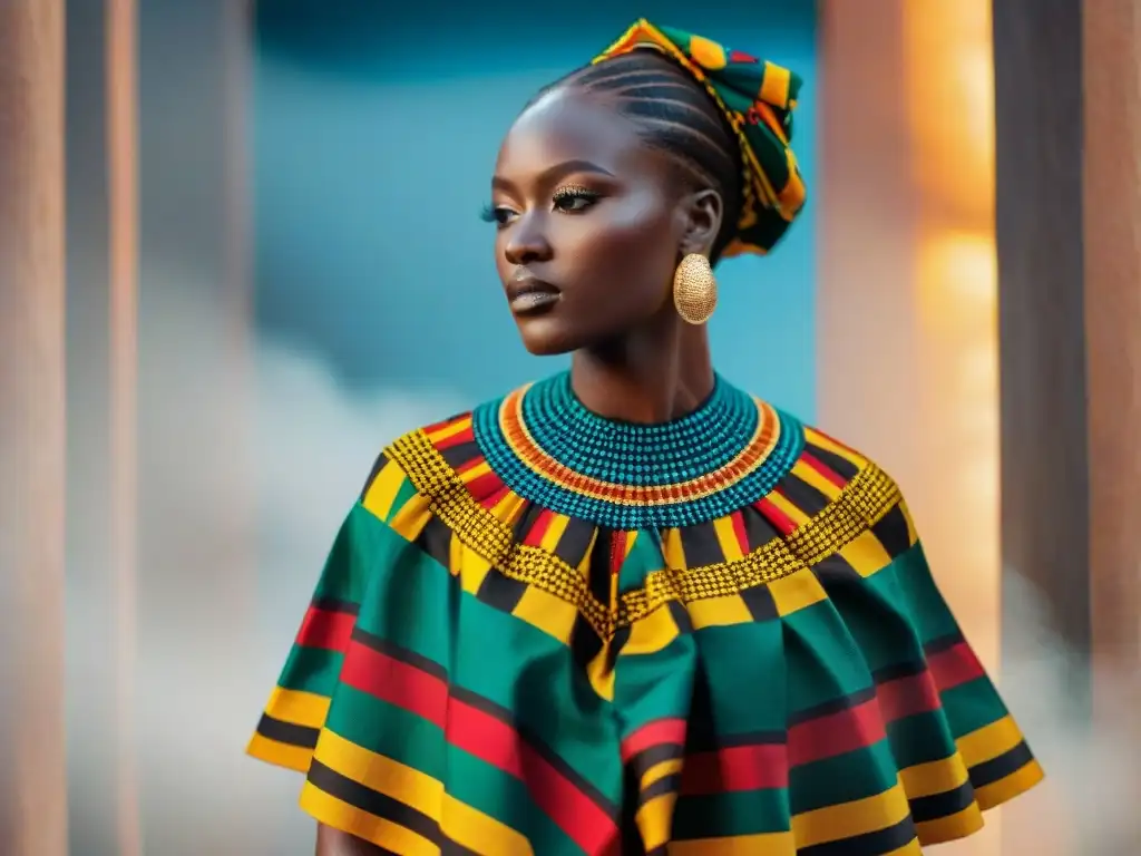 Un elegante Kente cloth exhibiendo la influencia africana en moda europea, con vibrantes colores y patrones intrincados