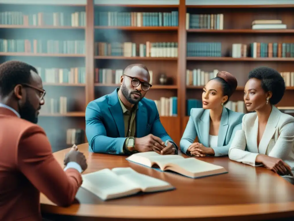 Una élite intelectual africana discutiendo apasionadamente en una biblioteca moderna, rodeados de libros y papeles