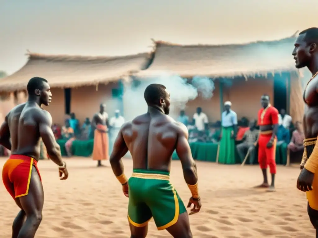 Un emocionante combate de lucha senegalesa en una plaza polvorienta al sol, con la comunidad animando