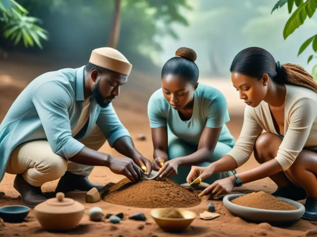 Excavación de artefactos: Encuentros culturales en sitio histórico Emocionante escena de arqueólogos excavando artefactos en un sitio histórico donde las interacciones africanoasiáticas evidencian reciente historia