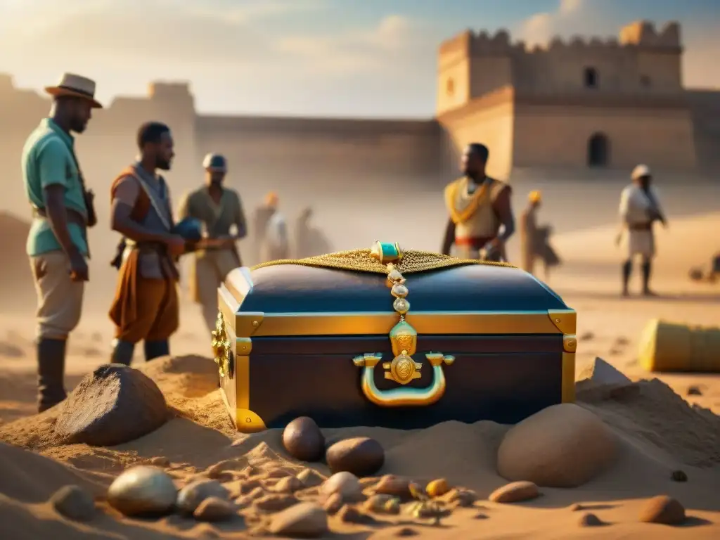 Excavación de tesoros: hallazgo épico de joyas africanas Emocionante excavación de tesoro recién descubierto del rey africano, con arqueólogos meticulosos y joyas doradas brillantes bajo el sol