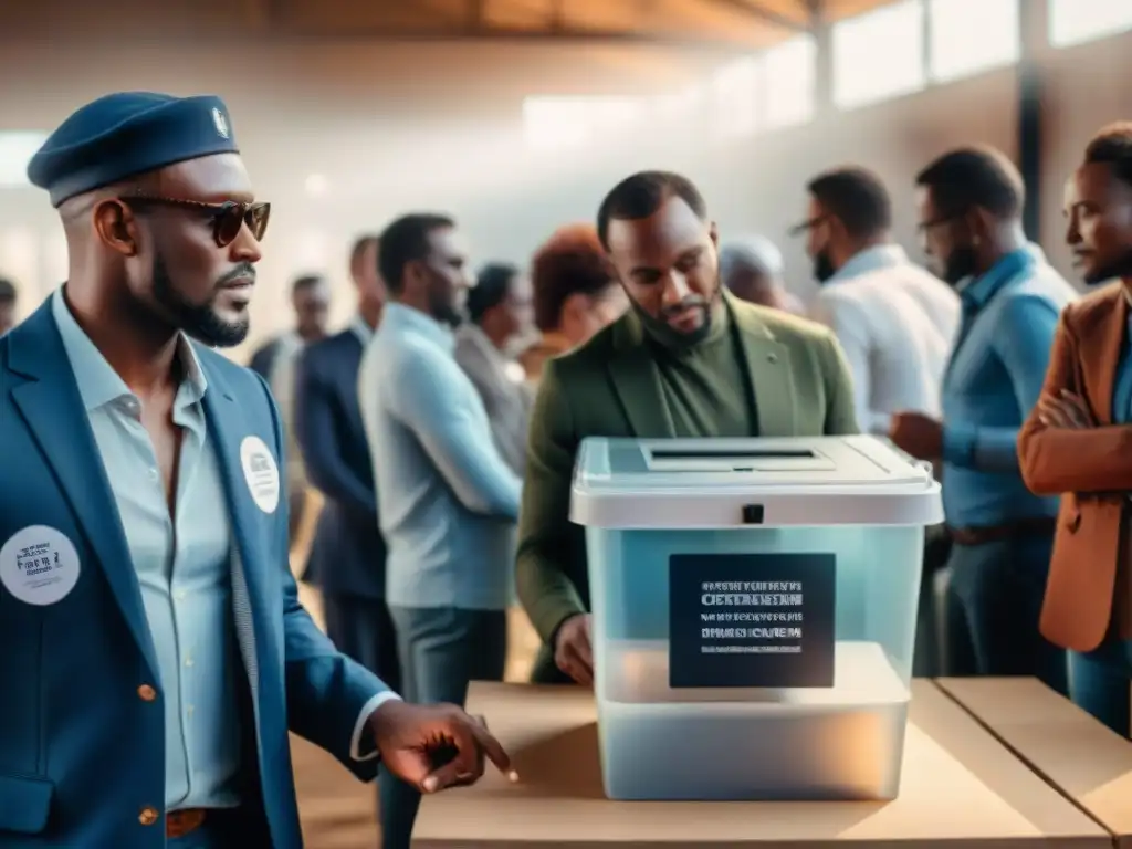 Emotiva escena de elecciones africanas con tecnología blockchain, transparencia y diversidad en el proceso de votación