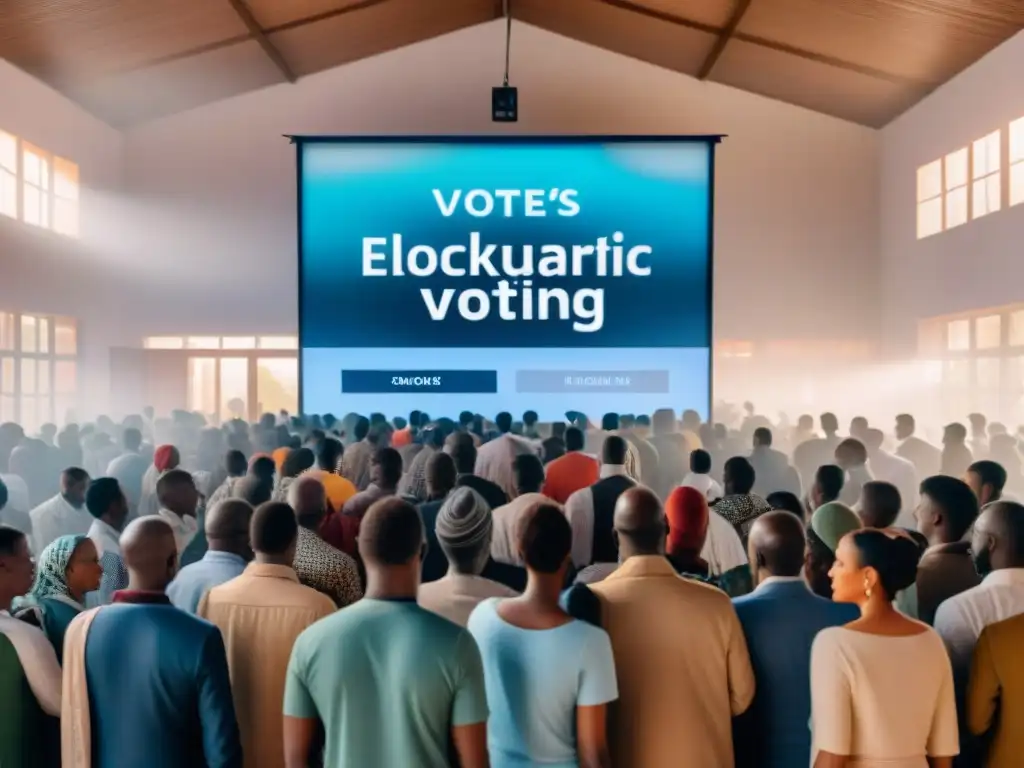 Emotiva escena de elecciones africanas con tecnología blockchain, transparencia y diversidad de votantes