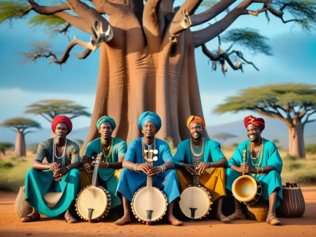 Emotiva escena de músicos africanos bajo un baobab, fusionando influencia de lenguas africanas en música y arte