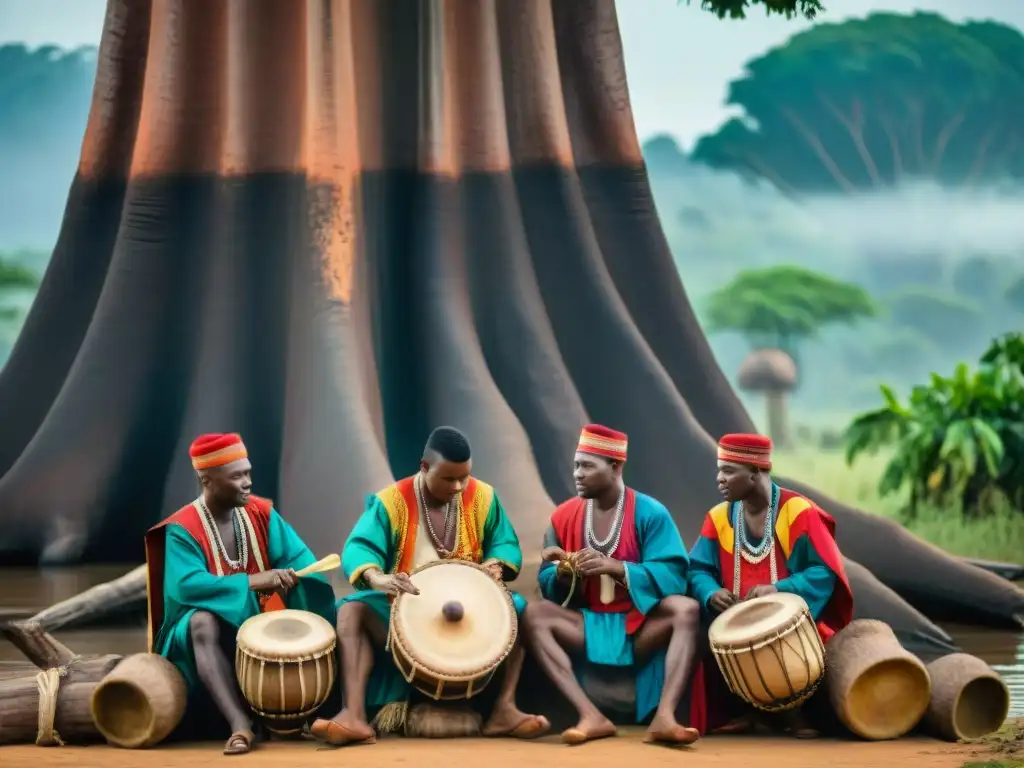 Emotiva escena de músicos tocando instrumentos tradicionales bajo un baobab en el río Congo, resaltando la cultura y música tradicional