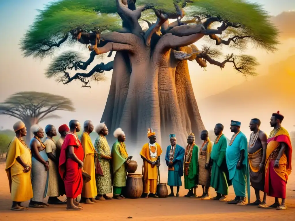 Emotiva escena de transición del poder en civilizaciones africanas bajo un baobab al atardecer