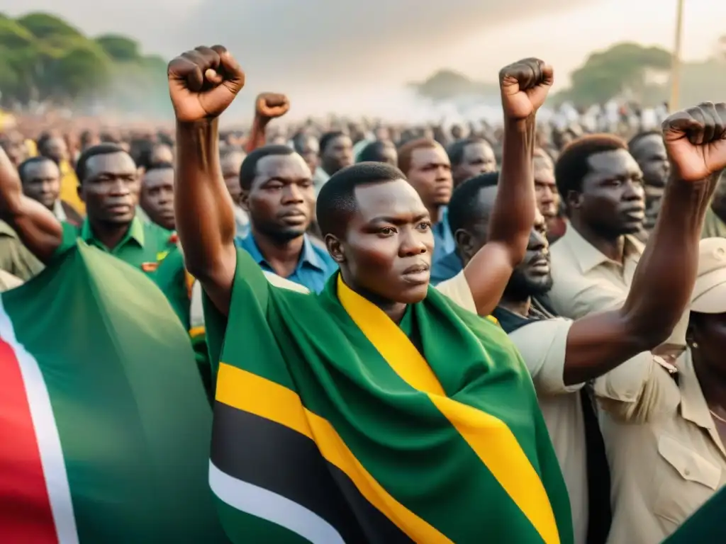 Un emotivo retrato de luchadores por la independencia de Zimbabwe, con la bandera ondeando al viento y una multitud diversa de seguidores