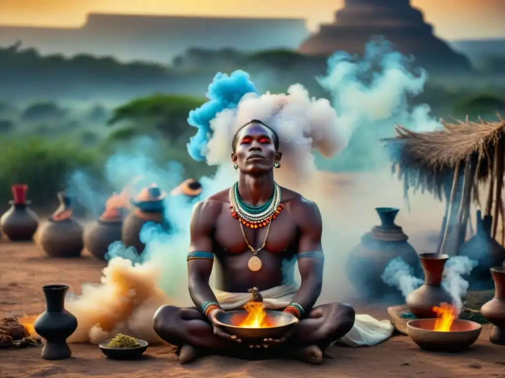 Emotivo ritual de purificación en África: figura central realizando gesto ceremonial rodeada de humo y participantes vestidos de forma vibrante