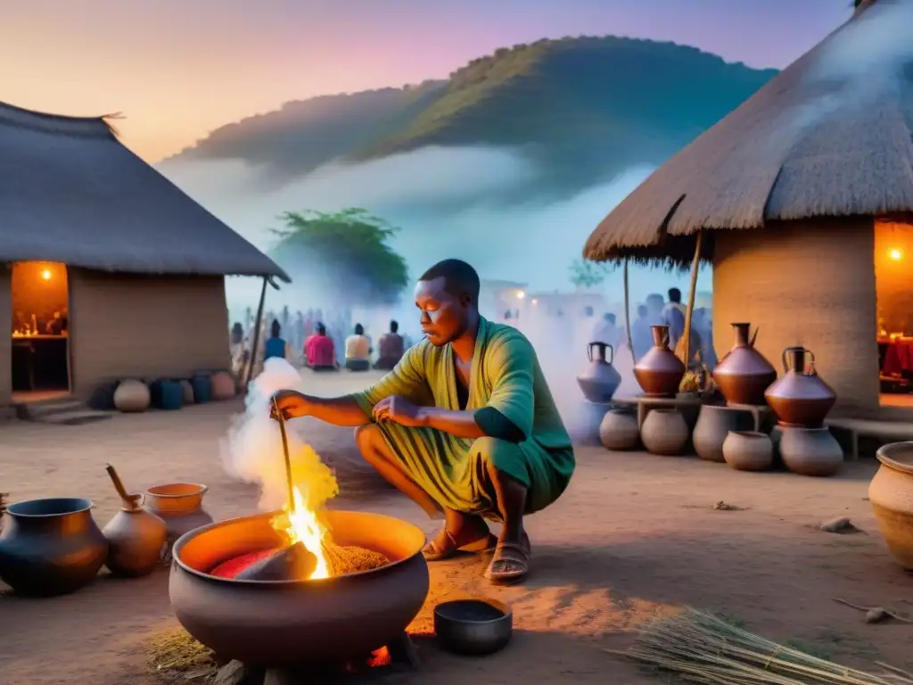 Emotivo ritual de destilación en África al atardecer en una aldea rural