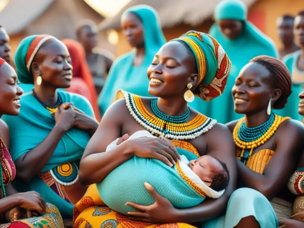 Emotivo ritual de nacimiento en África: mujeres cantando y bailando alrededor de un bebé dormido en tela colorida