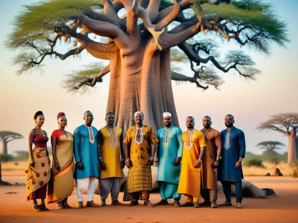 Emprendedores Africanos en círculo bajo baobab, fusionando tradición y modernidad en las Rutas Comerciales Ancestrales