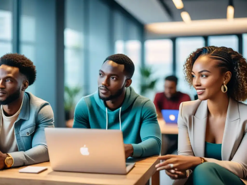 Emprendedores africanos debaten sobre criptomonedas en un animado espacio de coworking, inspirando liderazgo e innovación