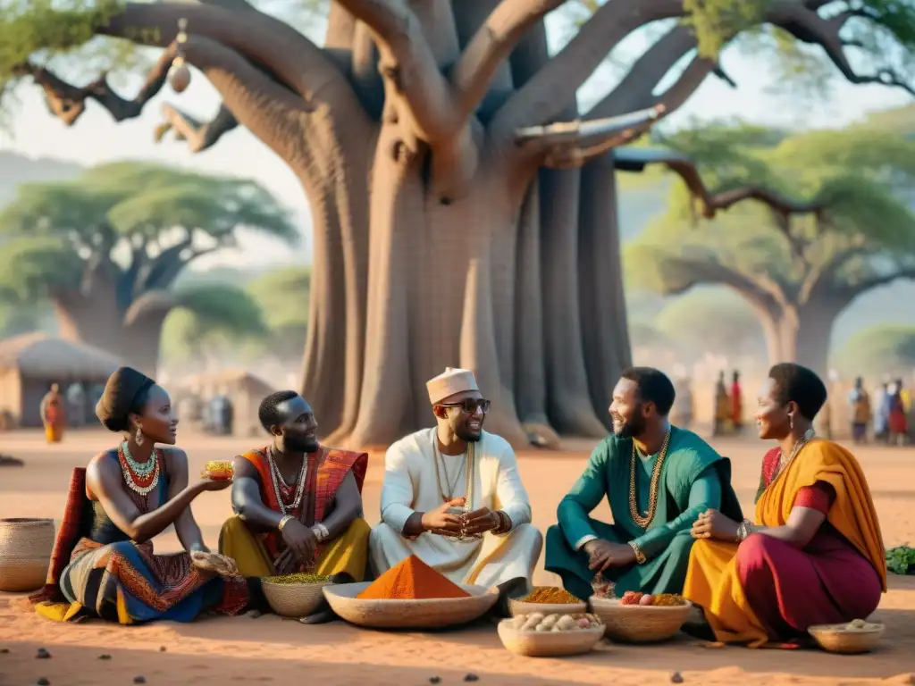 Emprendedores Africanos en discusión bajo un baobab en ruta comercial ancestral