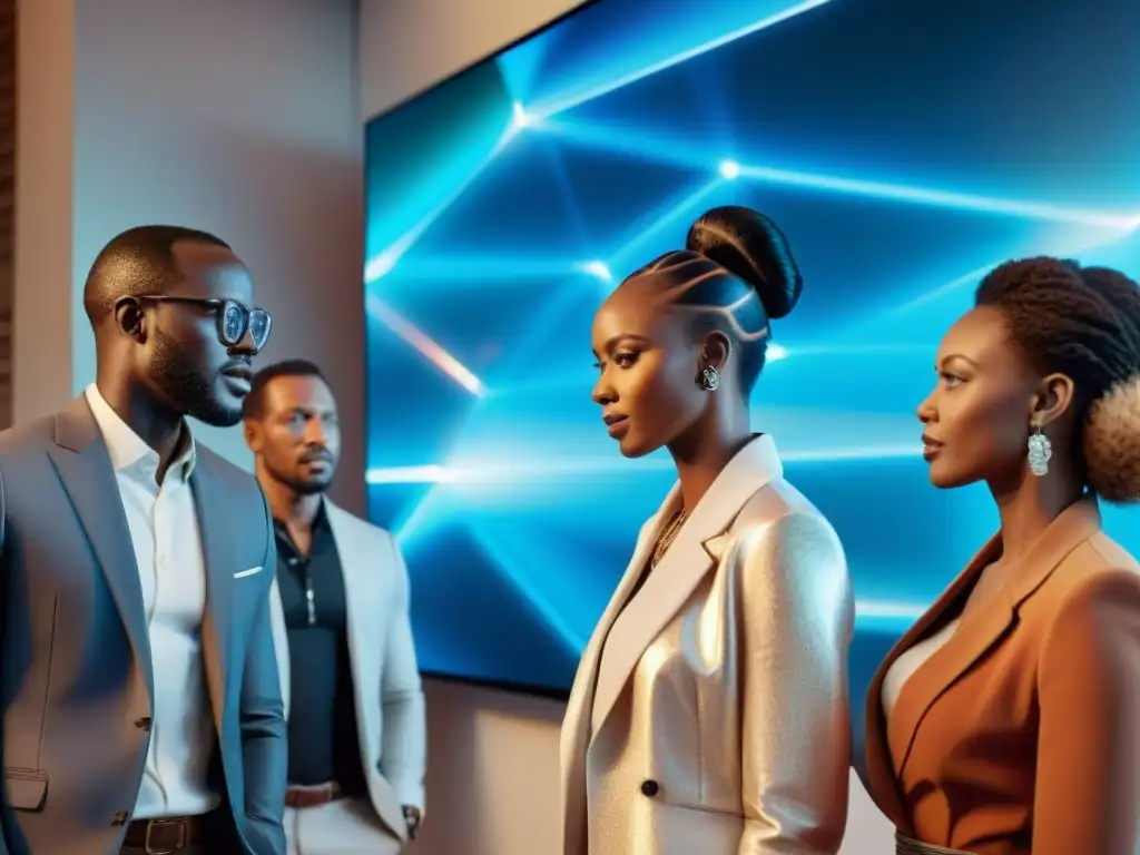 Emprendedores africanos innovadores discuten tecnología frente a holograma futurista en hub tecnológico