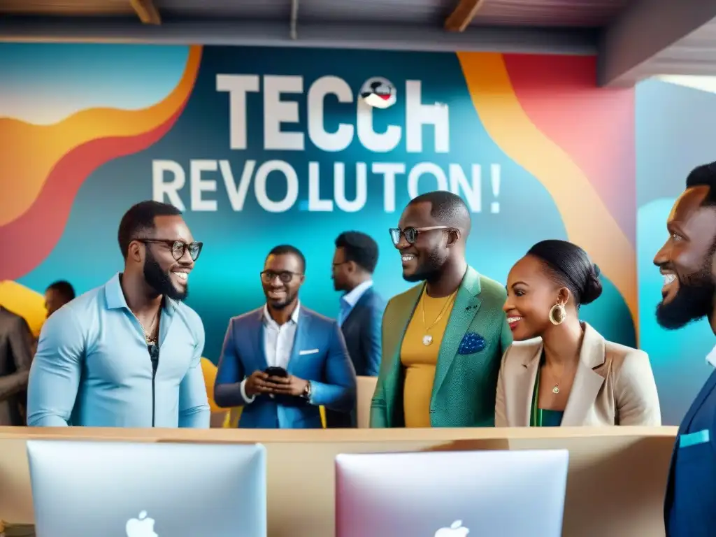 Emprendedores africanos colaborando en un moderno espacio de trabajo en Lagos, Nigeria, rodeados de tecnología puntera y murales inspiradores