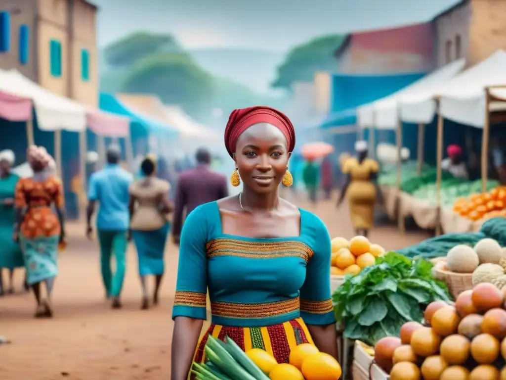 Emprendimiento africano casos estudio: Mercado bullicioso con emprendedores africanos vendiendo textiles, alimentos y artesanías