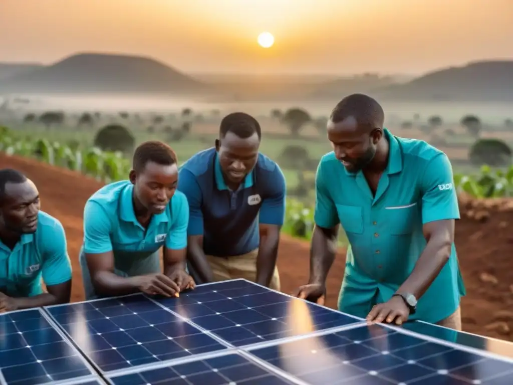 Empresas tecnológicas africanas destacadas instalando paneles solares en una aldea rural al atardecer