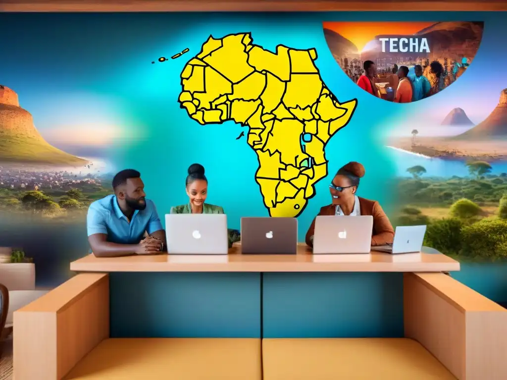 Empresas tecnológicas africanas destacadas: Emprendedores africanos colaborando en proyectos innovadores en un bullicioso centro tecnológico