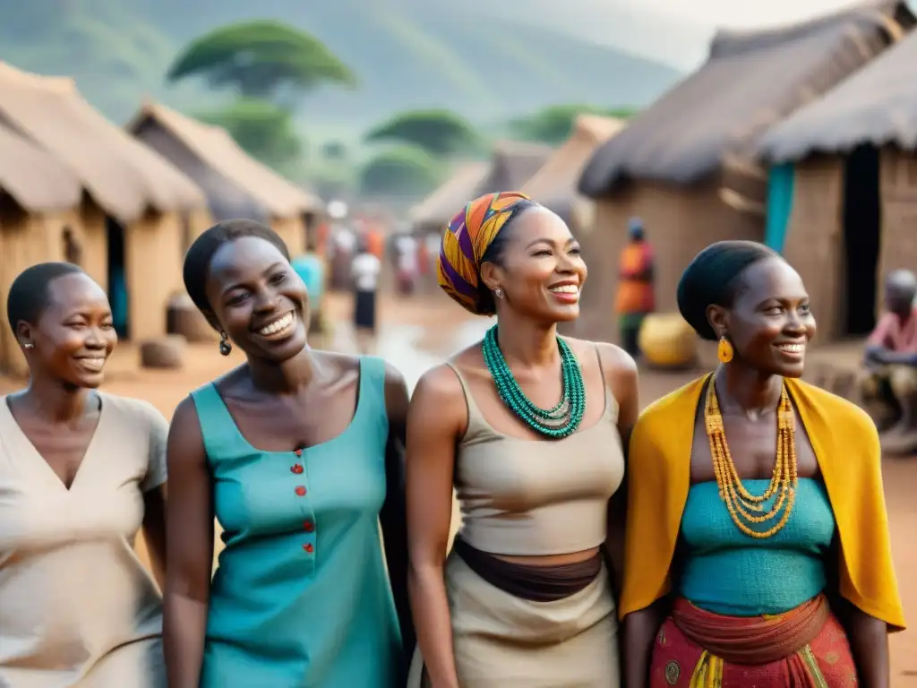 Un encuentro armonioso entre mujeres africanas de distintas clases sociales, mostrando diversidad y unidad en comunidad