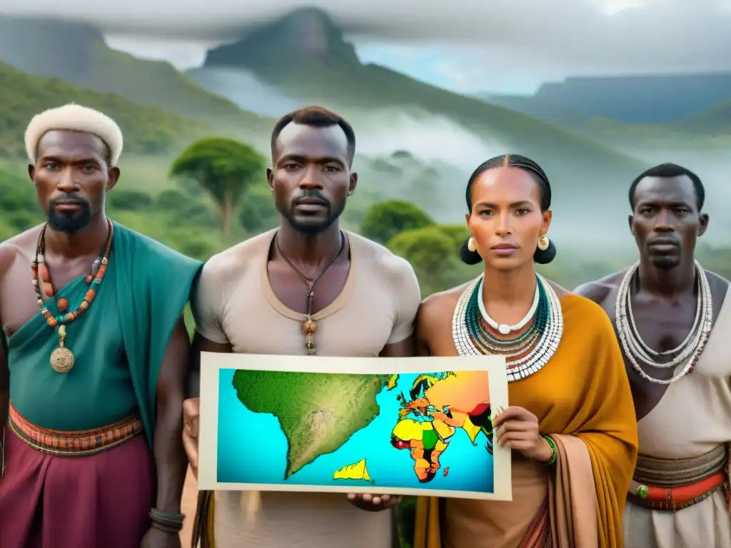 Encuentro épico entre exploradores europeos y tribus africanas Encuentro cultural entre exploradores europeos y tribus africanas en un pueblo colorido