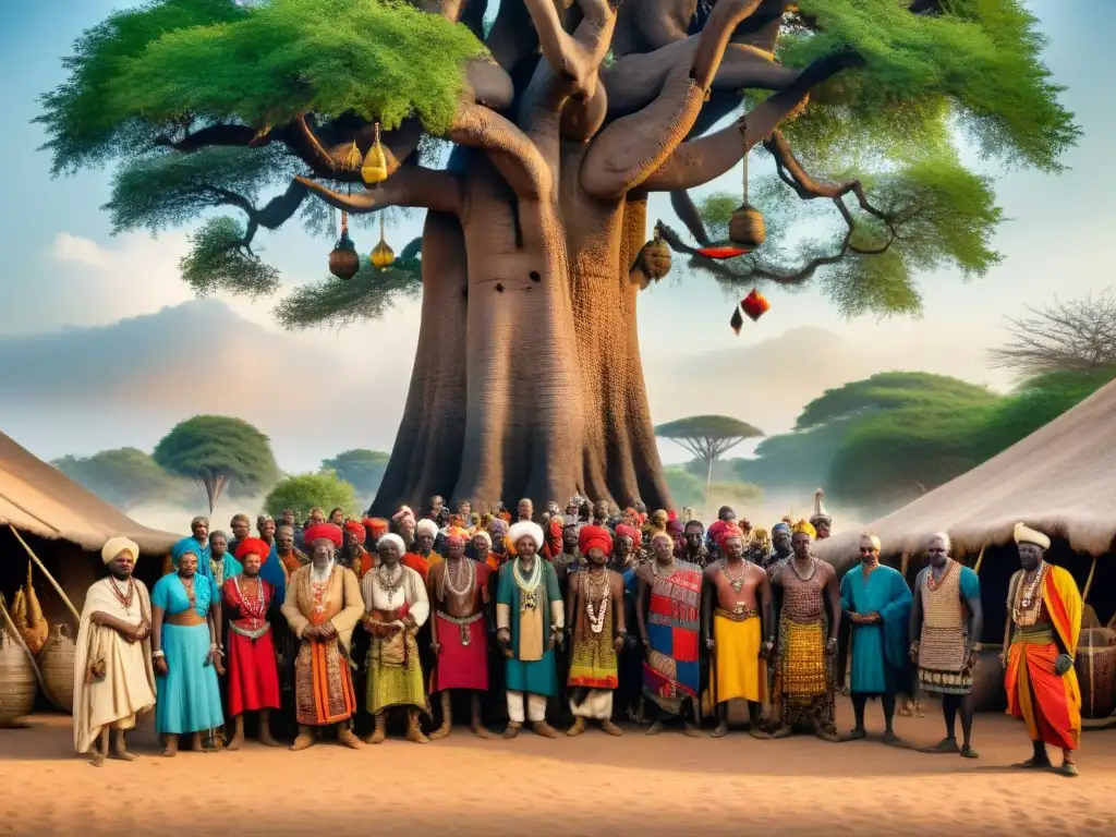 Encuentro cultural: Exploradores europeos y tribu africana en mercado vibrante Encuentro cultural entre exploradores europeos y tribu africana en un vibrante mercado, bajo baobabs
