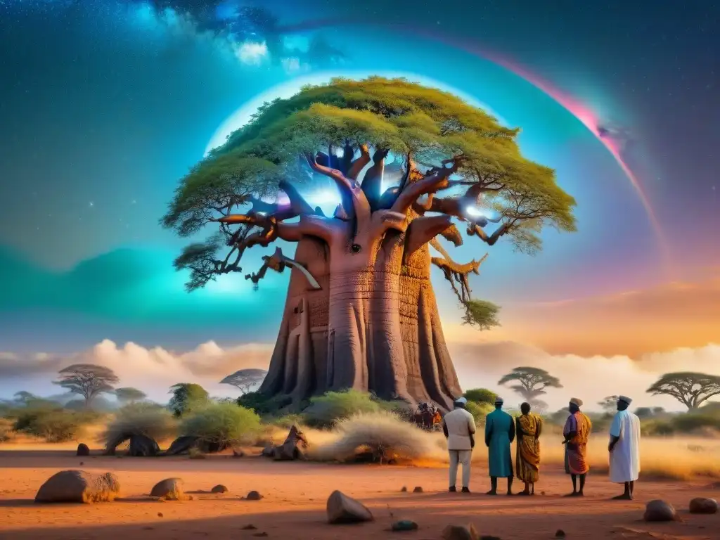 Un encuentro mágico entre científicos y ancianos africanos bajo un baobab, fusionando mitología africana y ciencia moderna