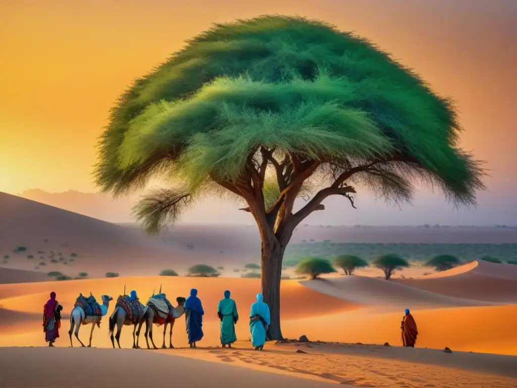 Un encuentro mágico entre exploradores y tribus nómadas en el Sahel, bajo un árbol majestuoso al atardecer