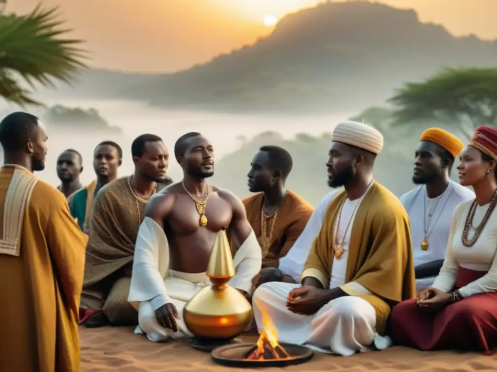 Un encuentro religioso al atardecer en una aldea africana, mostrando sincretismo religioso en civilizaciones africanas