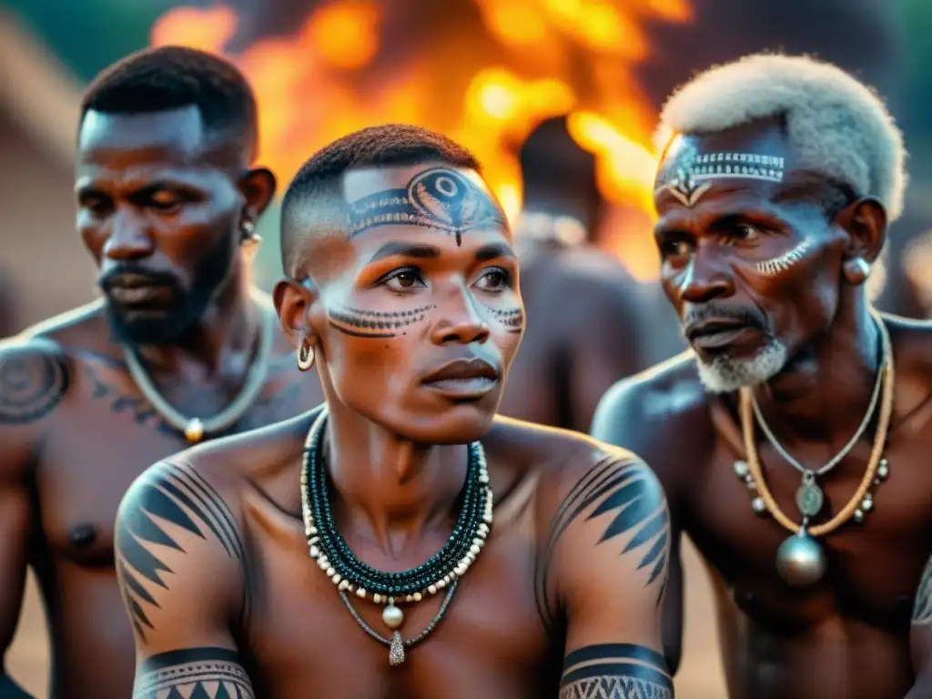 Un encuentro sagrado de ancianos tribales africanos con tatuajes ancestrales