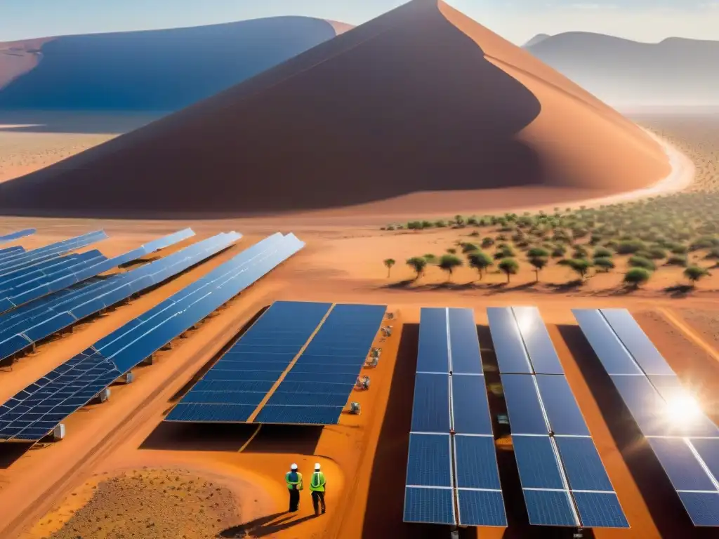 Inversión en energía renovable en África: Ingenieros colaborando en una gran granja solar en el desierto, simbolizando progreso y sostenibilidad