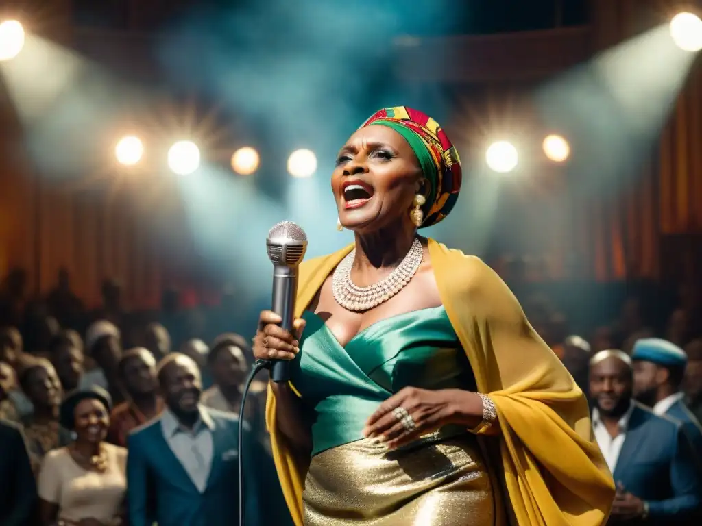 Miriam Makeba enérgica en escenario, vistiendo atuendo africano vibrante, cautiva a multitud diversa