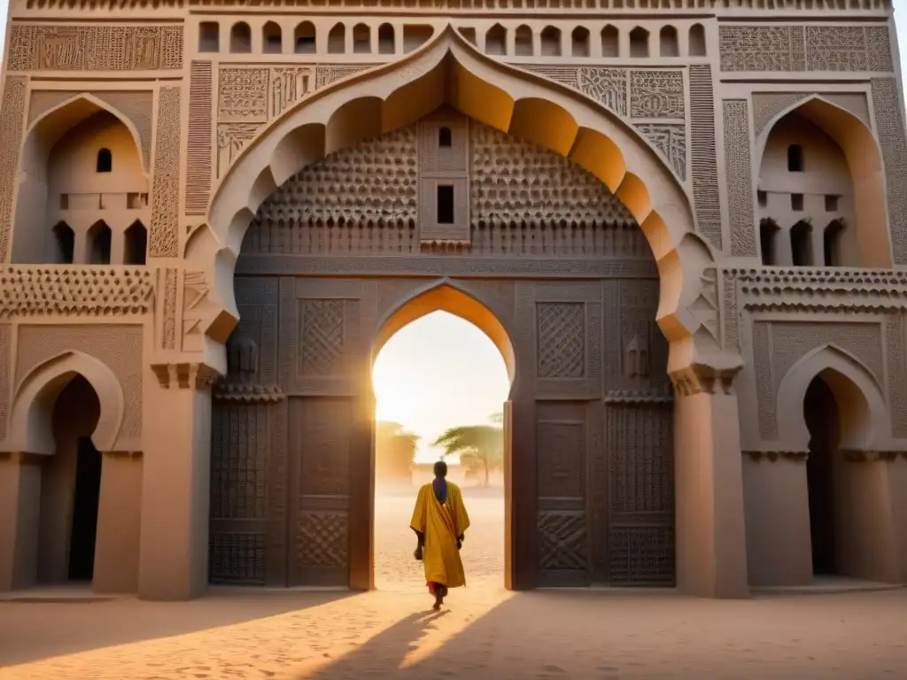 La entrada majestuosa de la Gran Mezquita de Djenné en Mali, resplandece con los significativos arcos y puertas de la arquitectura africana